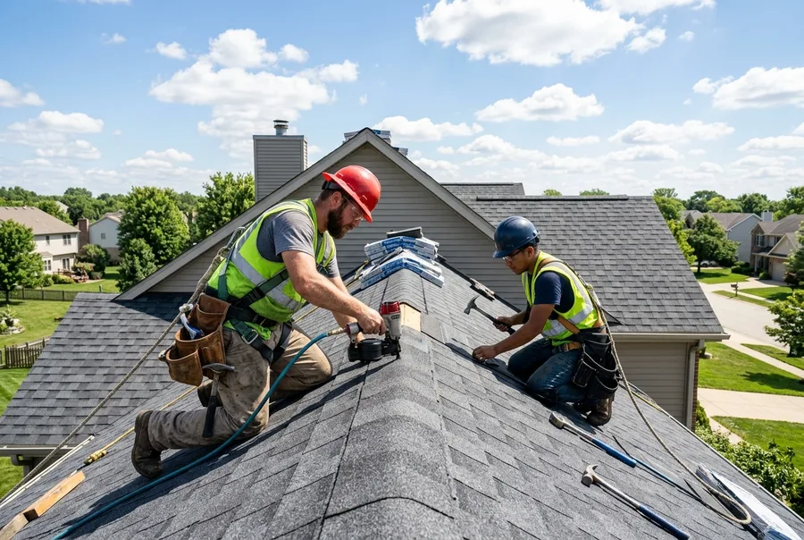 Roof & Nail roofing crew installing architectural shingles in Byhalia